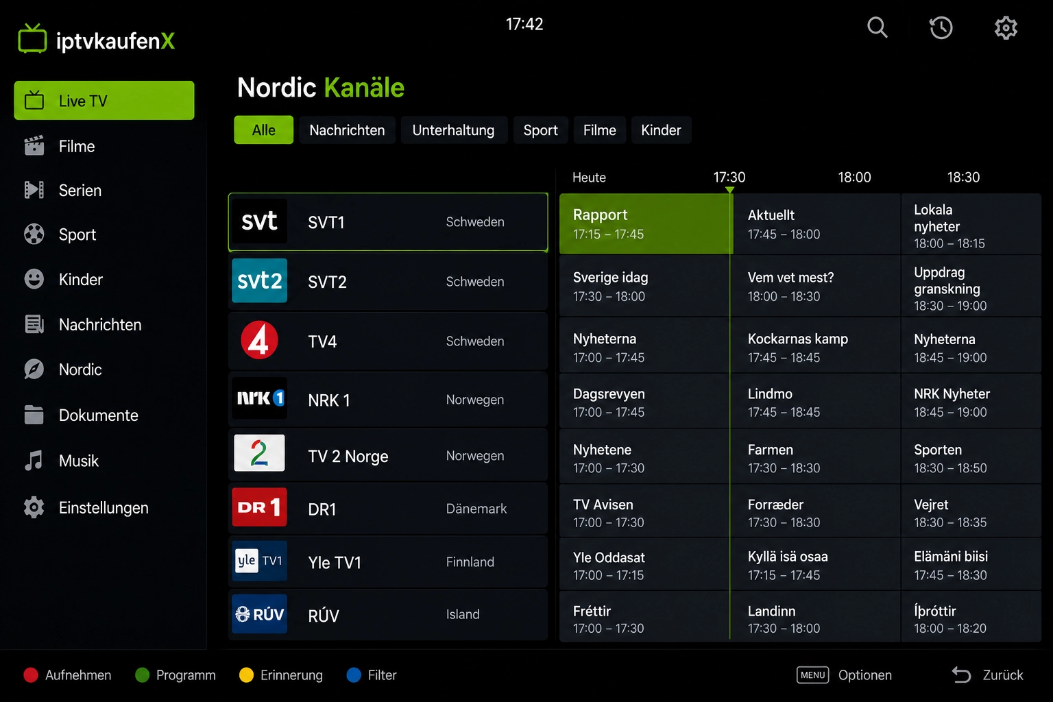 Länder, Favoriten und EPG für nordische Programme Nordische Sender nach Land und Kategorie in Favoriten und EPG organisieren